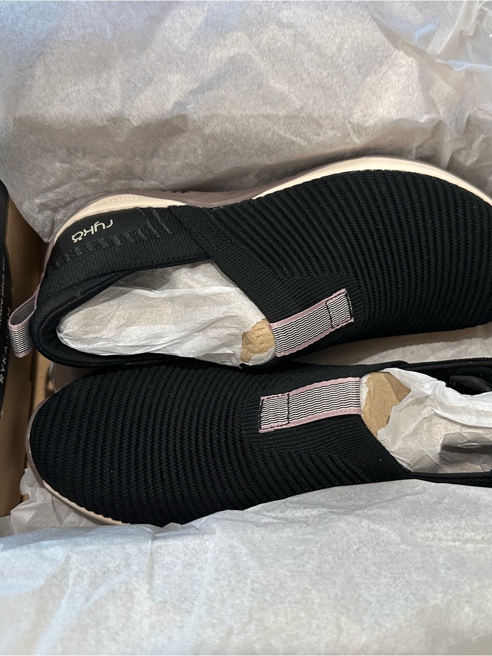 Ryka Women's Black Slip-On Knit Sneakers with Pink Trim NEW